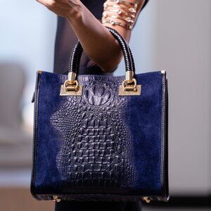 Italian Leather Handbag, Blue Suede and Crocodile-Embossed (Brand New)